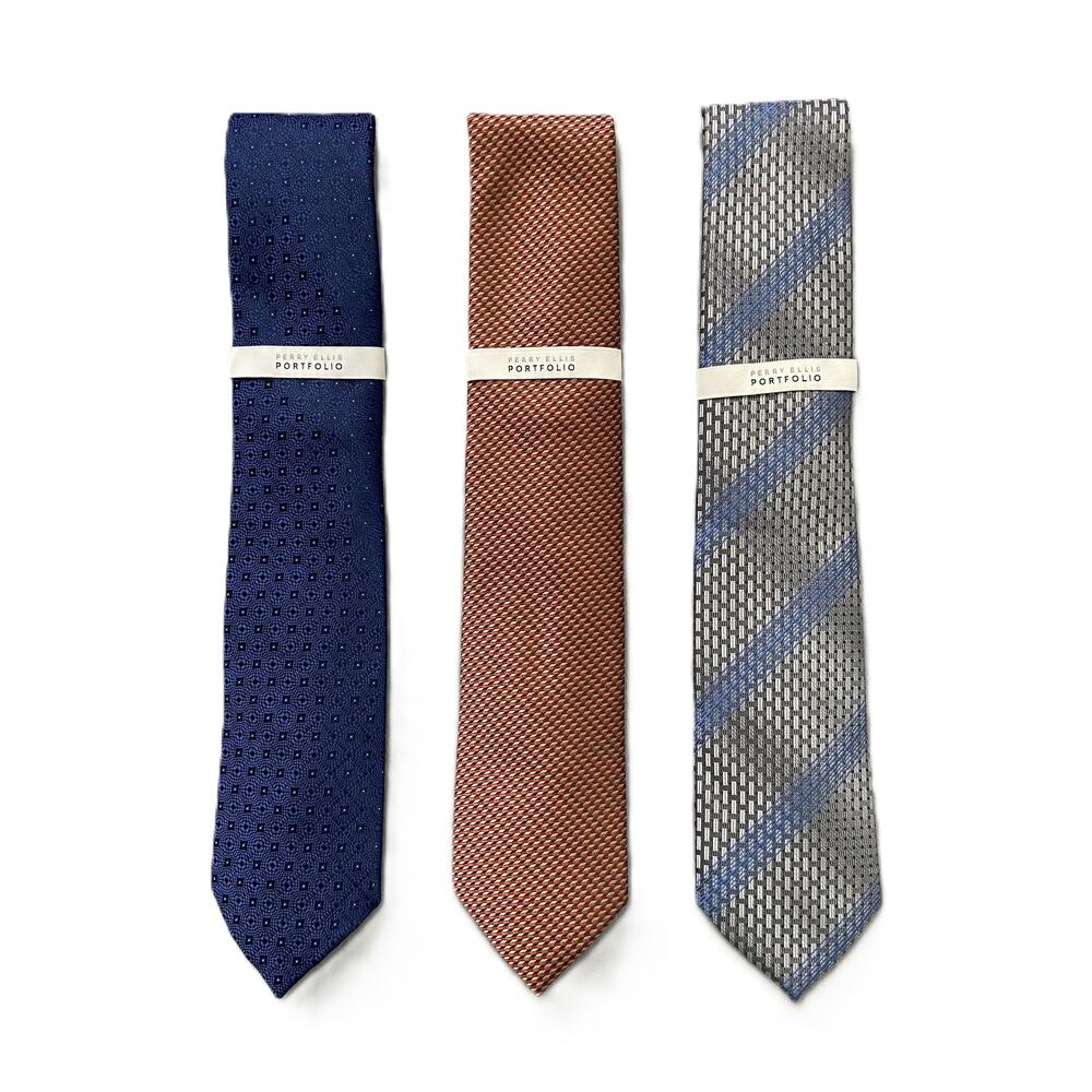 Perry Ellis Portfolio Ties Lot of 3 Men's Classic 3" Ties Blue Rust Gray NEW
